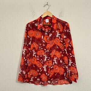 CABI Hothouse Blouse Red Orange Floral LS Sheer Lightweight Preppy